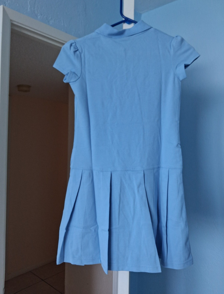 French Toast Girls Blue Shirt Dress Size 14 Pleated Polo Button Stretch Knit