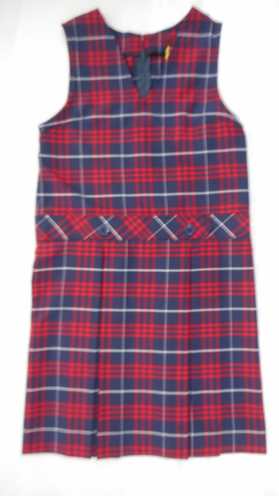 Girls R/K Red & Navy Plaid V-Neck Kick Pleat Uniform Jumper Dress Reg Sz 10 & 12