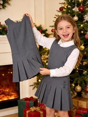 Bienzoe Girls School Uniform Jumper Pleated Sleeveless Knee Length Dress
