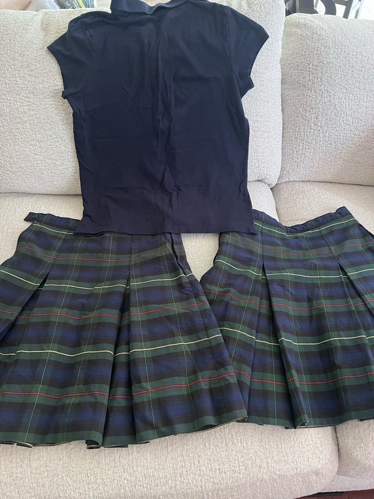 The Children’s Place/Elderwear Girls Uniform Set Navy Polo Green Plaid Skirt 14