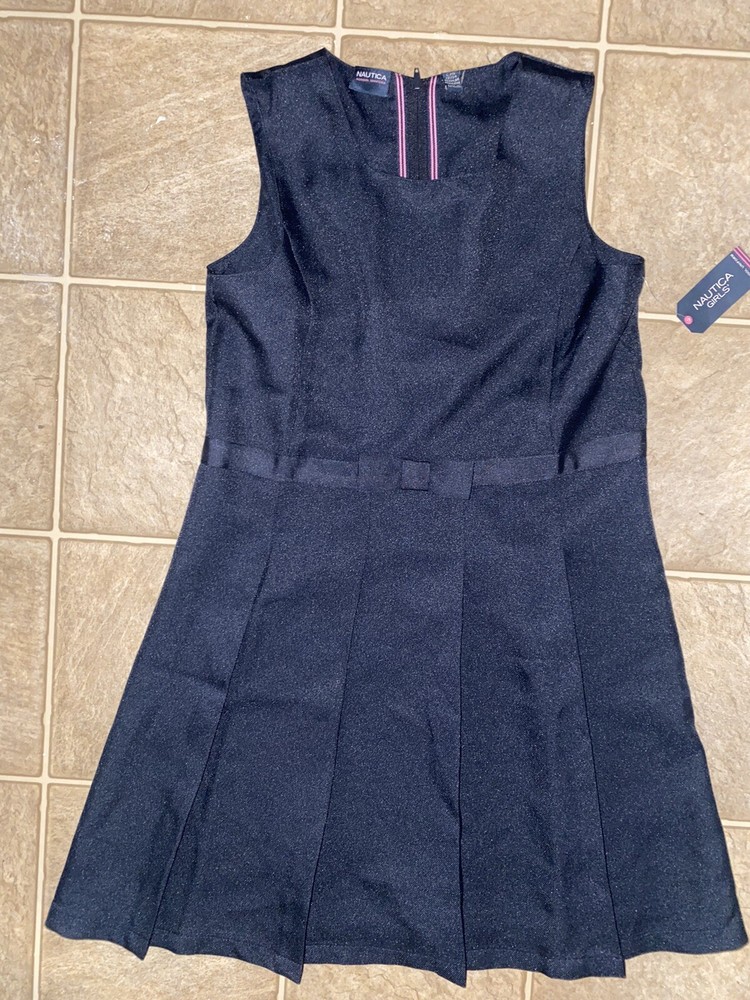 Nautica NEW NWT Girl Blue Skater Bow Dress Zip Sleeveless School Uniform L 12 14