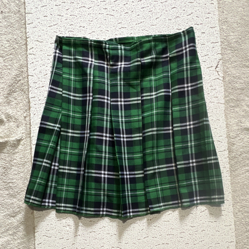 Girls School Uniform Skirt Green Plaid Pleated Zip Polyester Size M