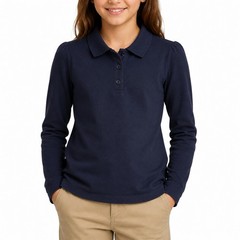 Lot of 3 Place Girls Navy Uniform Long Sleeve Polo Shirts L 10/12 Cotton