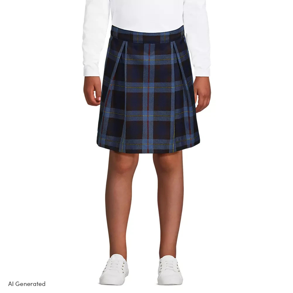 Lands’ End Size 7 School Uniform Girls Plaid Skort Top of Knee French Blue Plaid