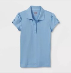 New Cat & Jack Girl Light Blue Uniform Interlock Short Sleeve Polo Shirt L 10-12