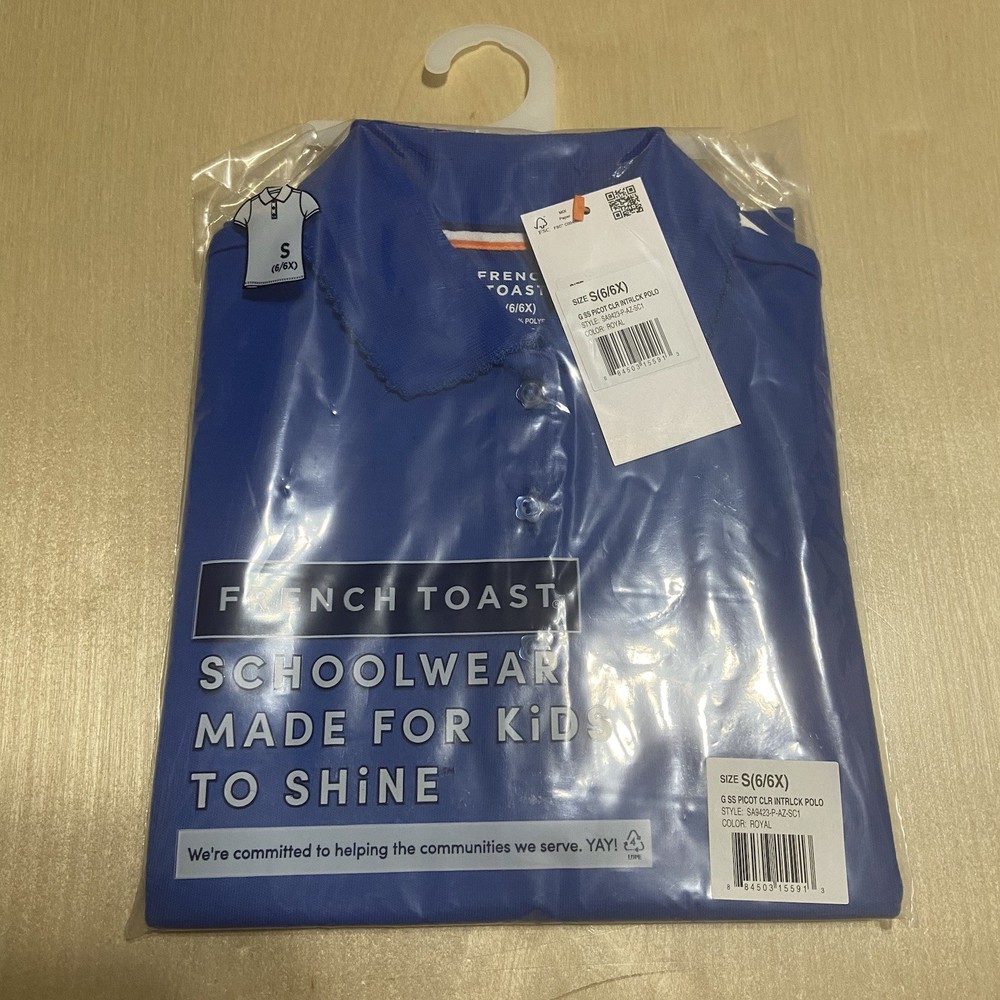 French Toast Girls’ Size Small (6/6X) Blue Short Sleeve Picot Collar Polo Shirt