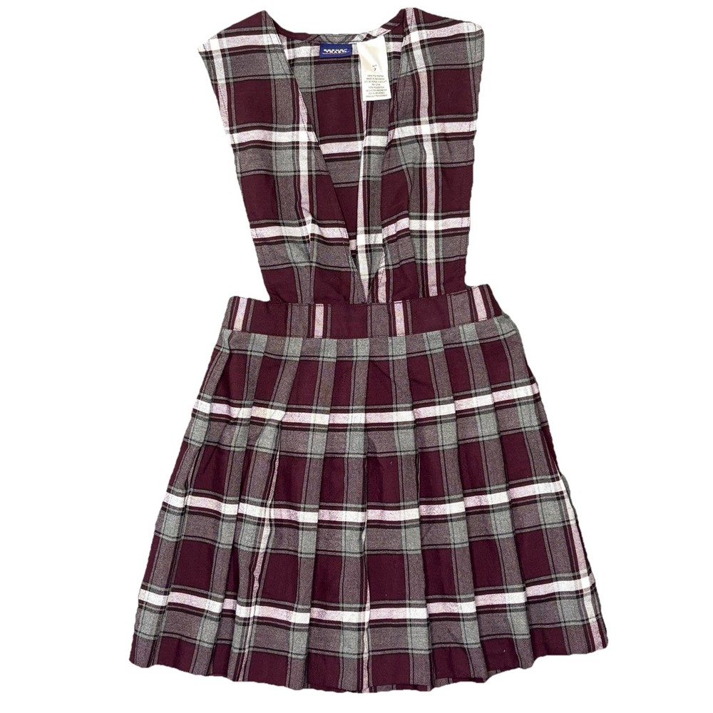 French Toast Girls Plaid VNeck Pleated Jumper Burgundy Gray School Uniform Size7