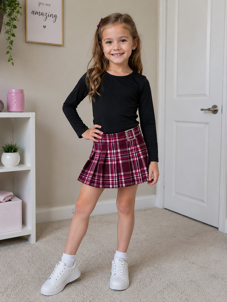 Justice Girls Plaid Skort XS 5/6 Pink Burgundy Pleated School Uniform Style Skir