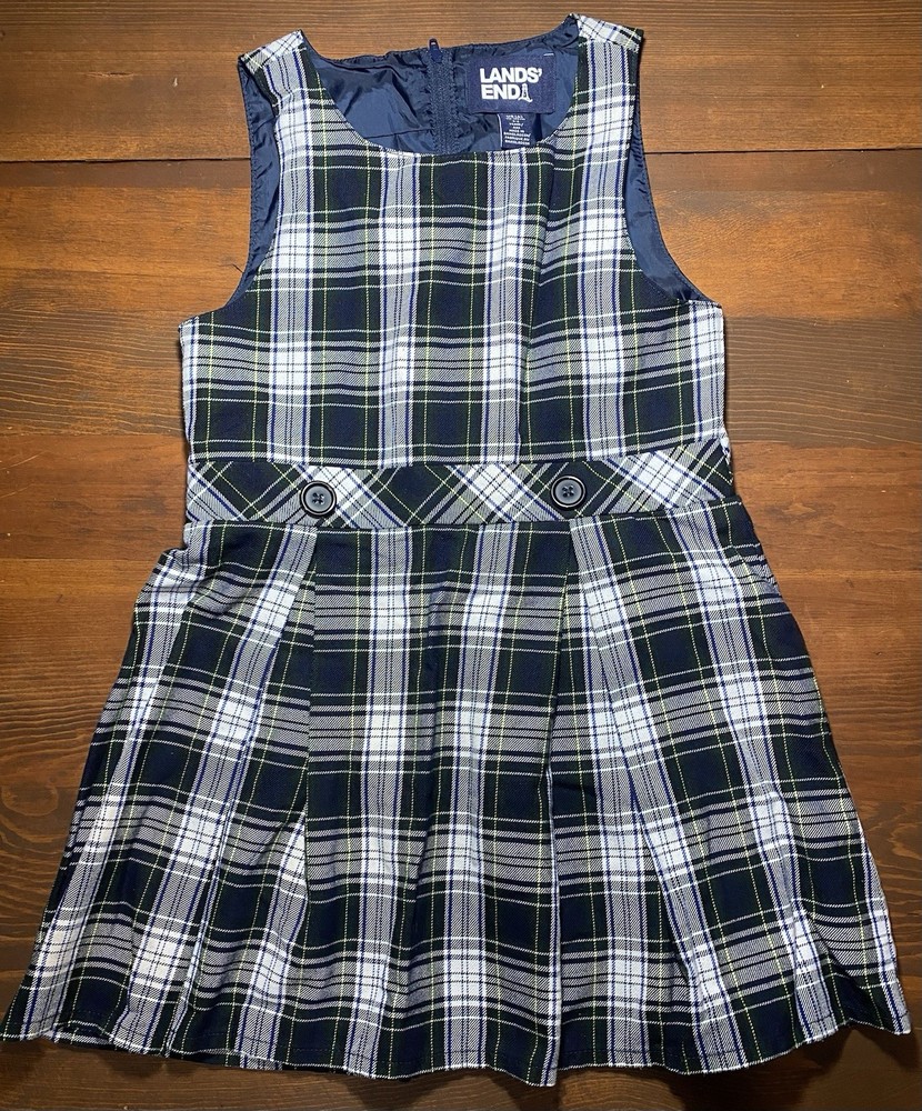 Lands End School Uniform Plaid Jumper Dress size 6 Green Navy White Plaid