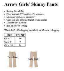 Girls’ Khaki Skinny Style Uniform Pants. Size 10. New w/tags.  Machine washable.